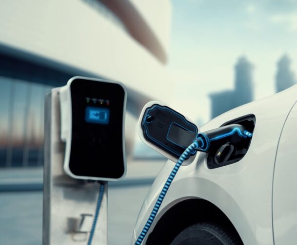 Innovative,Electric,Car,Connected,To,Charging,Station,With,Future,Architecture