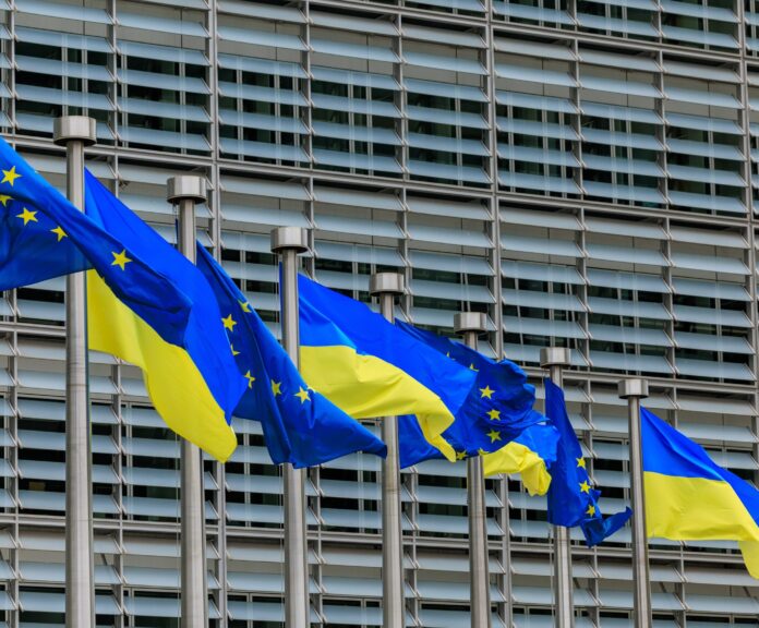 Brussels,,Belgium,-,February,2023,,European,And,Ukrainian,Flags,In